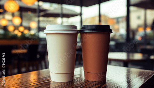 Hot coffee in a disposable cup on a cafe table generated by AI