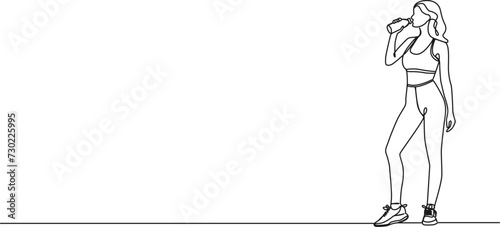 continuous single line drawing of sporty woman in sportswear drinking water from bottle, line art vector illustration
