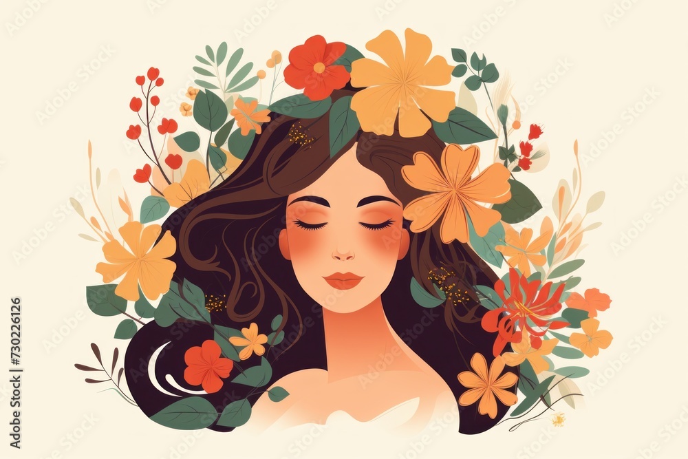 Beautiful girl with flowers in her hair, fashionable illustration, isolated background, watercolor painting. 