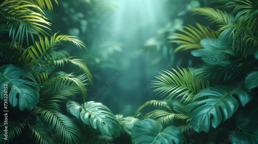 Background of green tropical plants with rays of sunshine