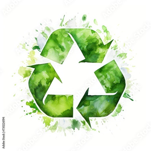 Recycling symbol featuring vibrant watercolor greenery on a white background.