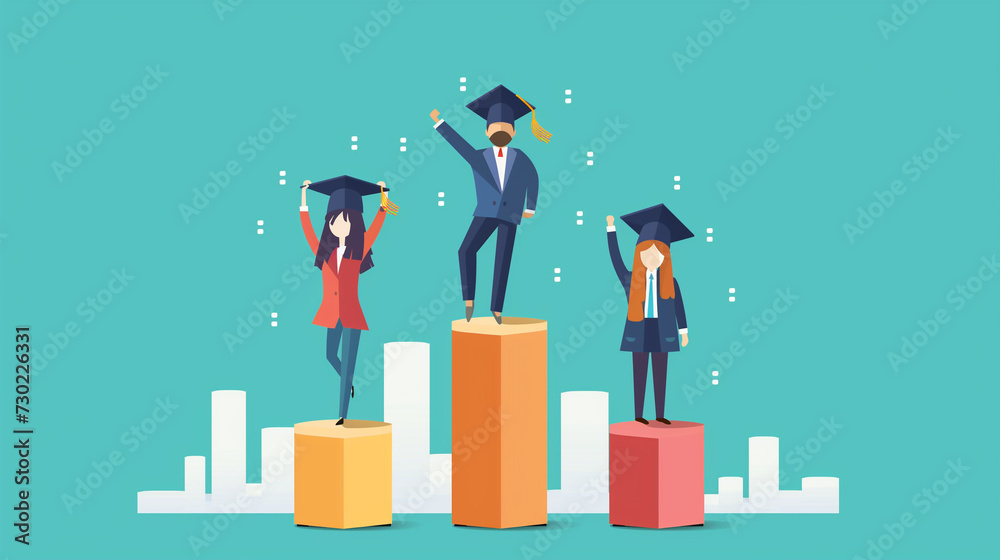 Graduation Success Infographic with Diverse Students Standing on Podiums Representing Academic Achievement and Growth Graduation Success Infographic with Diverse Students Standing on Podiums Representing Academic Achievement and Growth