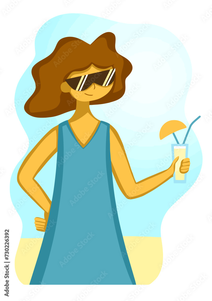 Obraz premium Chilling girl with blue dress and cocktail flat illustration 