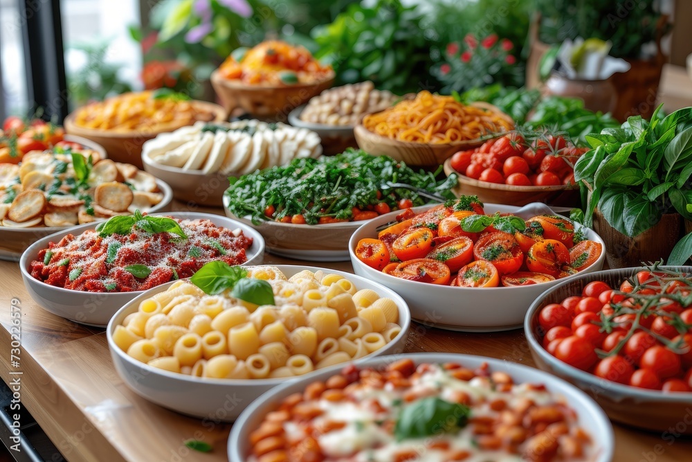 Full table of Italian meals on plates Pizza, pasta, ravioli, carpaccio. caprese salad and tomato bruschetta on a table