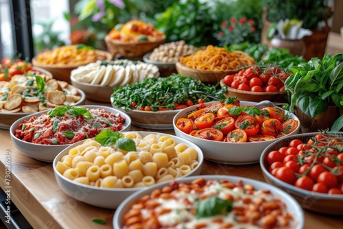 Full table of Italian meals on plates Pizza, pasta, ravioli, carpaccio. caprese salad and tomato bruschetta on a table photo