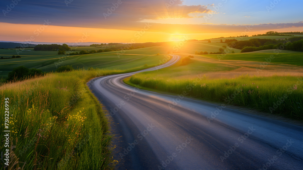 idyllic summer scene, captured during the golden hour, featuring a winding country road meandering through fields of lush green and bursts of wildflower colors. The sun, hovering low in the sky