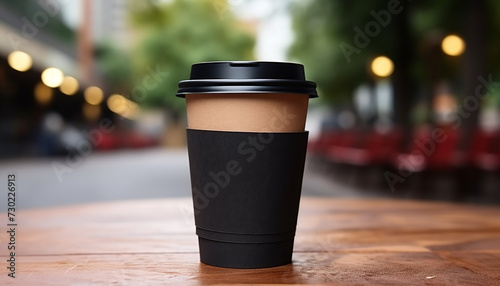 Hot coffee in disposable cup on wooden table at night generated by AI
