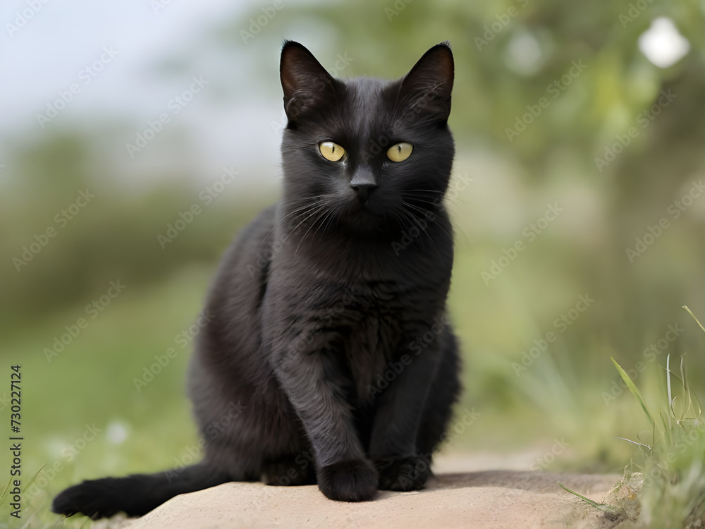 Close up of a black cat on the grass in the back yard.