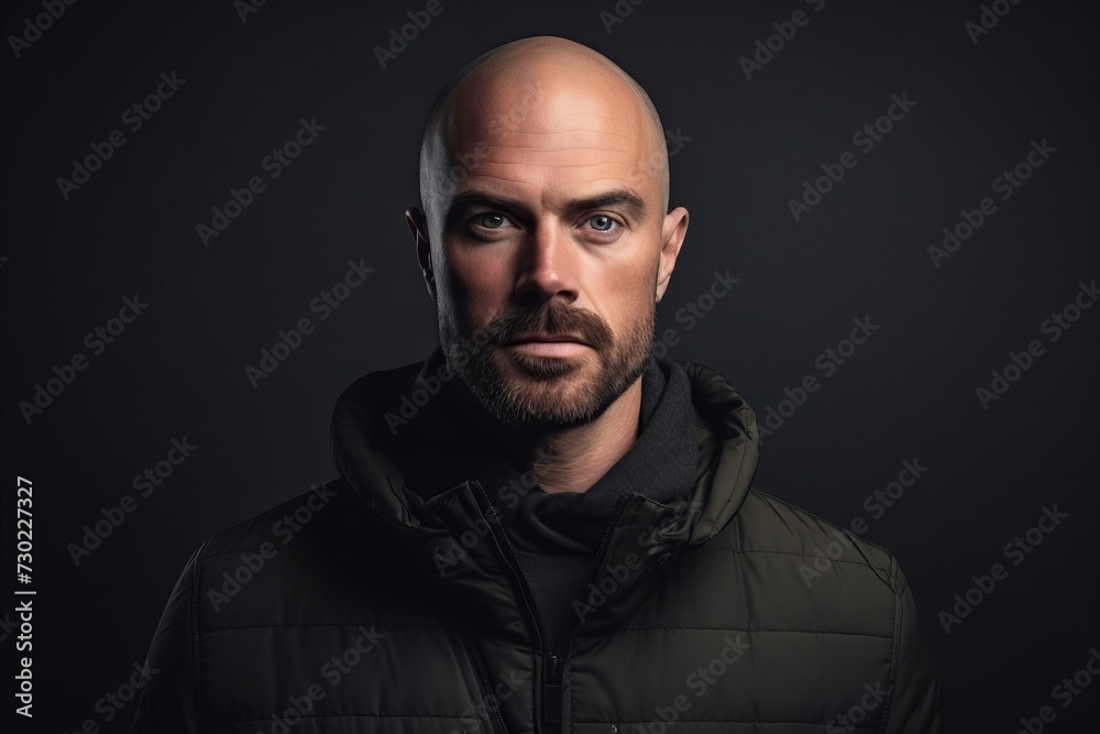 Portrait of a bald man with a beard in a jacket on a dark background Portrait of a bald man with a beard in a jacket on a dark background