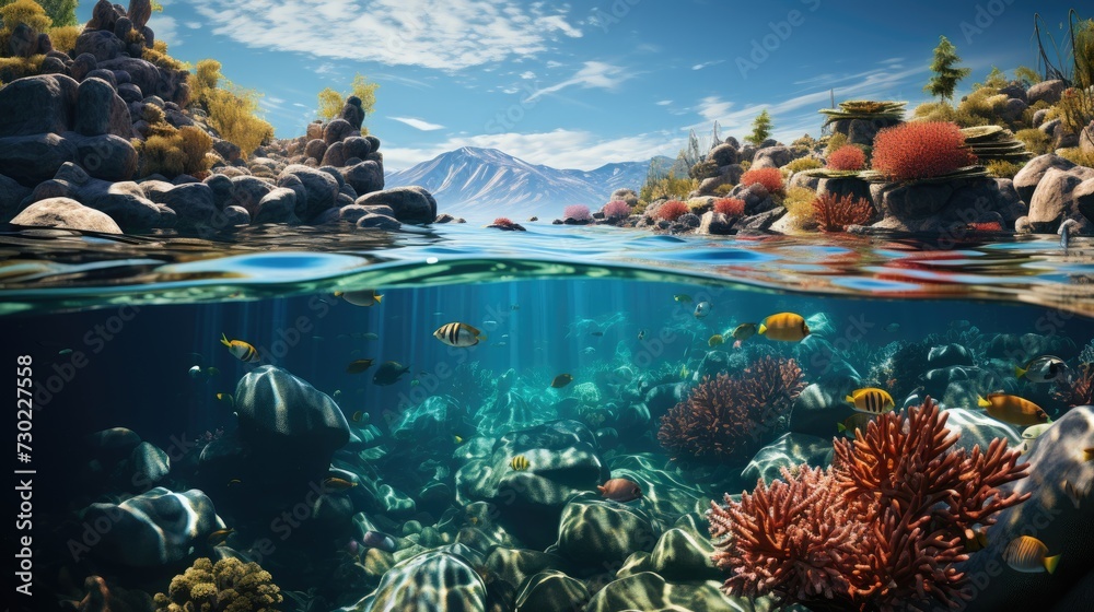 Underwater view of coral reef with fish.