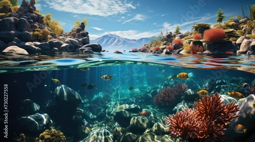 Underwater view of coral reef with fish.