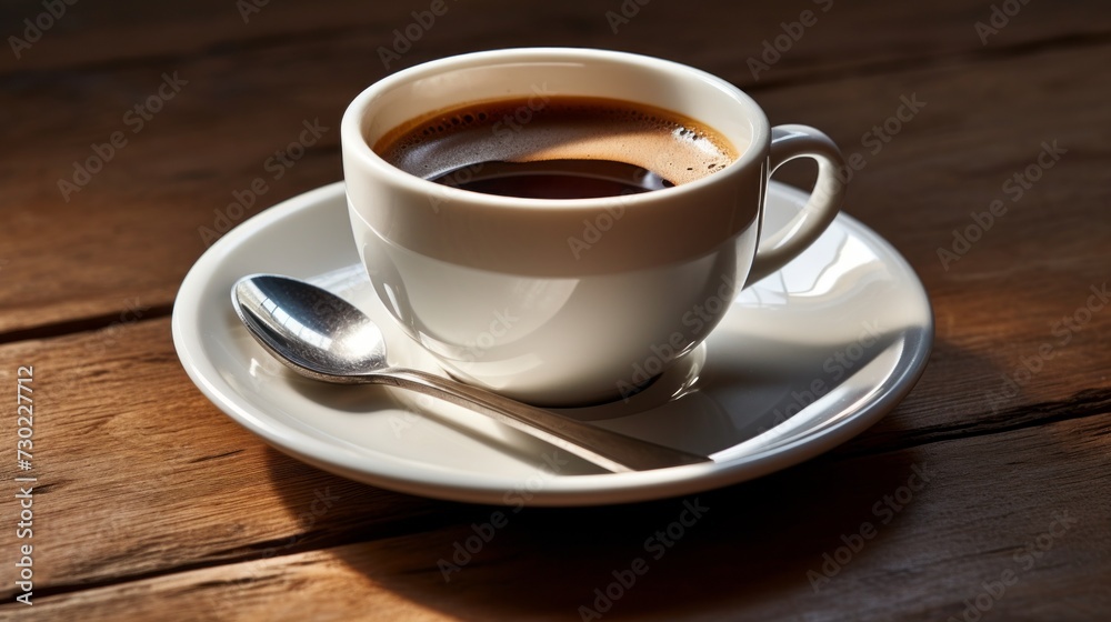 Coffee cup with saucer and spoon, inviting a leisurely pause Coffee cup with saucer and spoon, inviting a leisurely pause