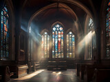 Church with stained glass windows and a light shining through the window panes on the floor.