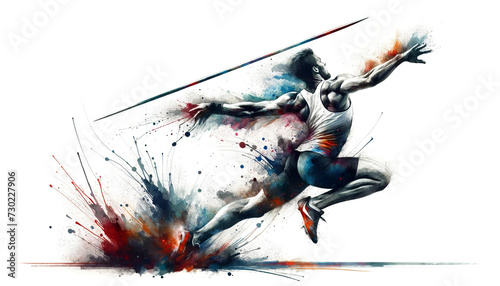 An expressive, dynamic illustration of a moving javelin thrower with watercolor and ink splatter effects conveys energy and power in the javelin throw. Sports concept. AI generated. photo