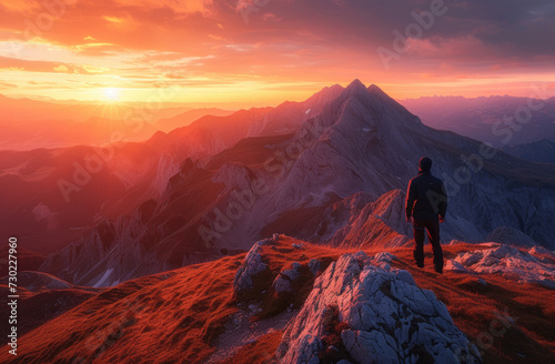 a man standing in front of a mountain with sunset in the background © Kien
