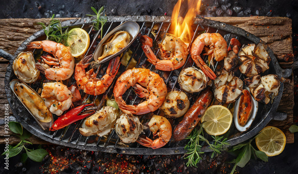 Top view BBQ seafood grilled with grilled In a grill with flames Top view BBQ seafood grilled with grilled In a grill with flames