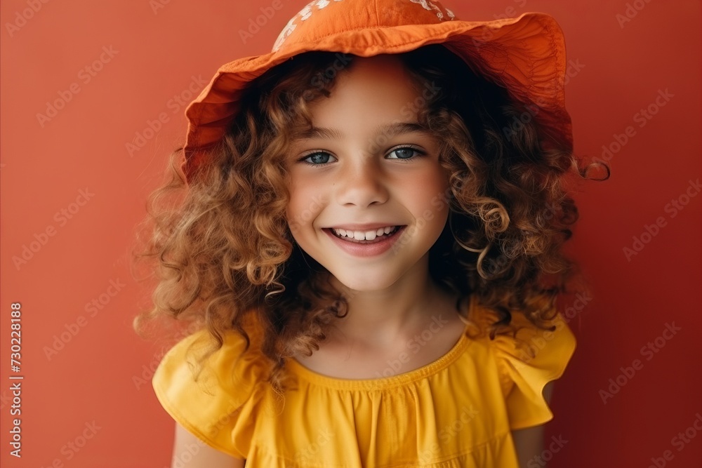 Portrait of a beautiful little girl with curly hair wearing orange hat Portrait of a beautiful little girl with curly hair wearing orange hat