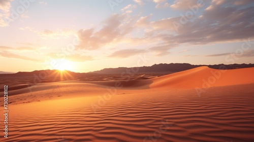 Desert landscape with sand dunes illuminated by the setting sun