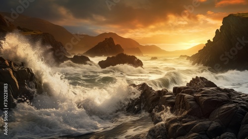 Dramatic coastal scene with waves crashing and the sun's last rays