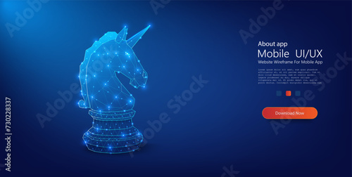 Glowing Blue Digital Wireframe Unicorn Chess Piece on Dark Background. A striking 3D digital representation of a unicorn chess piece, crafted in a luminescent wireframe style, set against a deep blue.