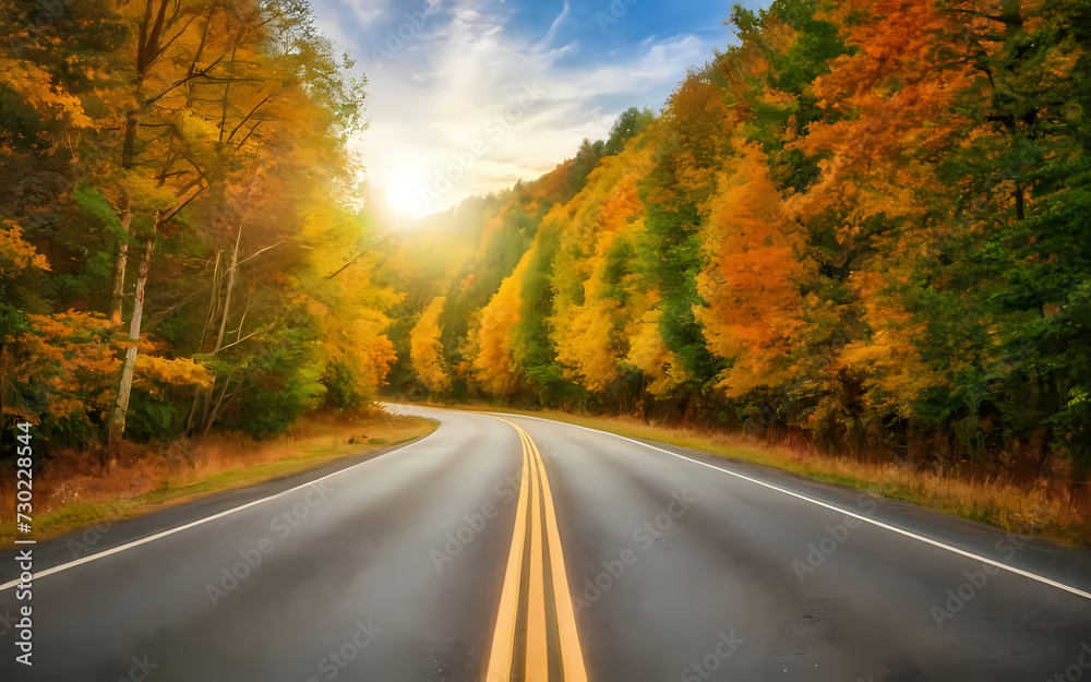 Exploring the Idyllic Landscape along the Asphalt Road, Where Emerald Forests Meet Expansive Blue Skies. Bask in the Golden Glow of Nature's Grandeur Through this Captivating Photography. Exploring the Idyllic Landscape along the Asphalt Road, Where Emerald Forests Meet Expansive Blue Skies. Bask in the Golden Glow of Nature's Grandeur Through this Captivating Photography.
