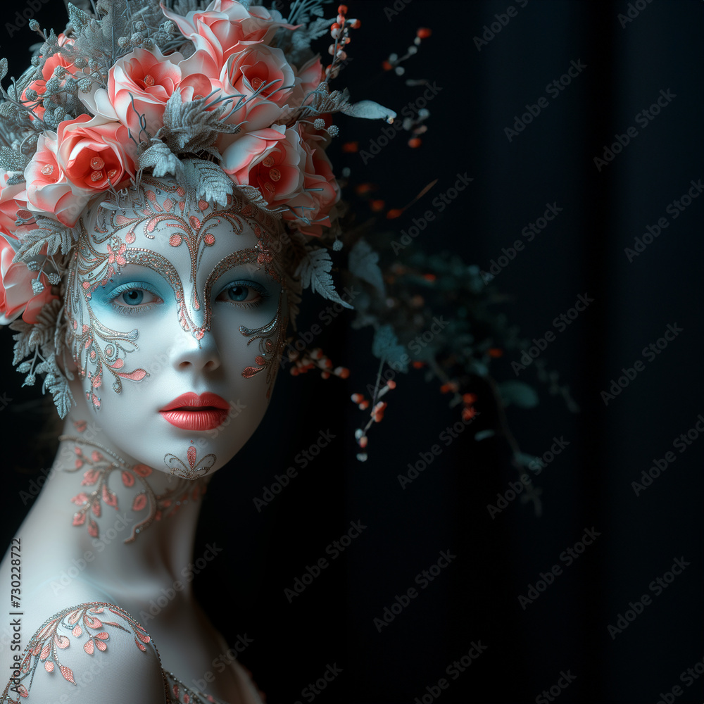 Hübsches Gesicht einer Frau mit Blumen Kopfschmuck und edlen Make up als Poster Nahaufnahme im Hochformat als Banner, ai generativ