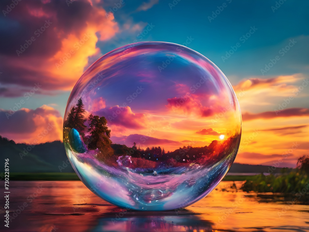 A large soap bubble in which nature is reflected. A large soap bubble in which nature is reflected.