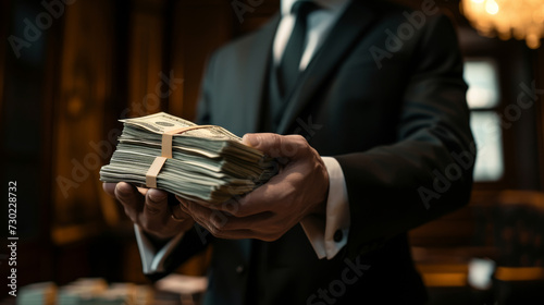 CEO business man holding a pile of money in hands while wearing a suit in a dark office
