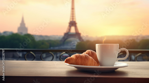 Croissant and cup of coffee table in a cafe, blurred silhouette of the Eiffel Tower photo