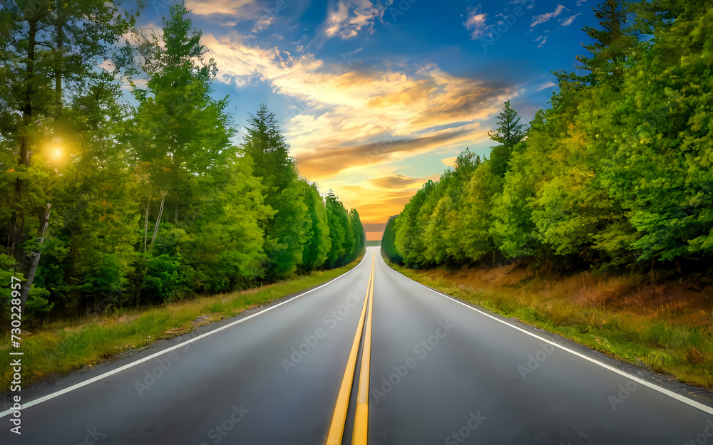 Exploring the Idyllic Landscape along the Asphalt Road, Where Emerald Forests Meet Expansive Blue Skies. Bask in the Golden Glow of Nature's Grandeur Through this Captivating Photography. Exploring the Idyllic Landscape along the Asphalt Road, Where Emerald Forests Meet Expansive Blue Skies. Bask in the Golden Glow of Nature's Grandeur Through this Captivating Photography.