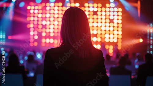 Business Woman walking towards stage at a conference to host business talk