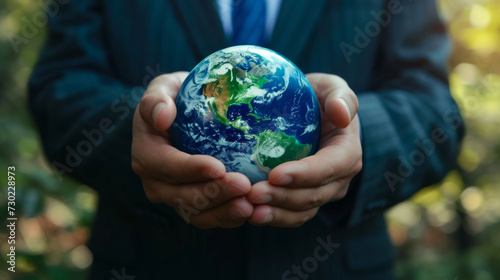 A conceptual image of a person in a suit holding a miniature Earth, symbolizing global responsibility and environmental stewardship. Global environmental conservation sustainable lifestyle concept.