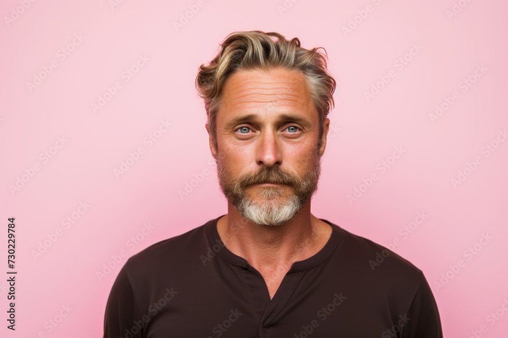 Portrait of a man with a beard on a pink background.