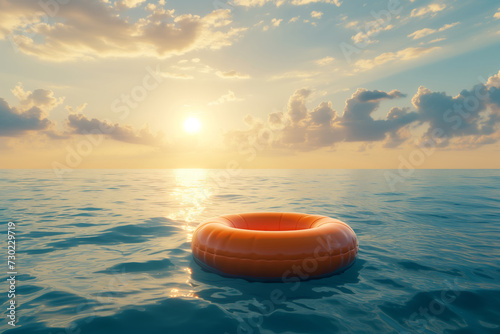 Lifebuoy on the water in the sea against the background of sunset, the concept of rescue