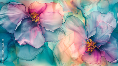 pastel floral elegance in alcohol ink with vibrant blue and pink tones, springy vibe  photo