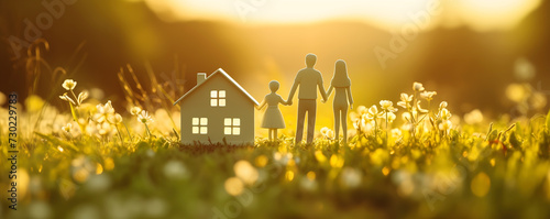 Abstract panoramic background of the model of family standing on the blooming field near their new house. Selling and buying home concept. photo