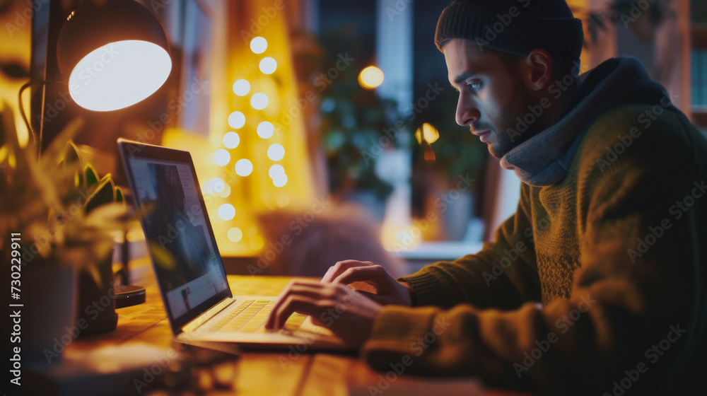Influencer working at laptop in home office remote for his social media content and postings Influencer working at laptop in home office remote for his social media content and postings