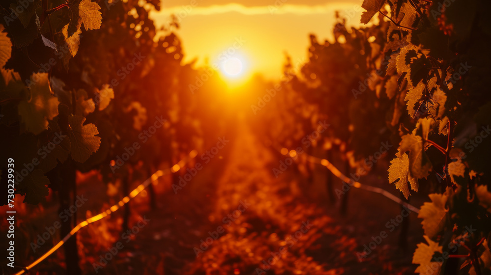Vineyard at sunset with grapevines in foreground Vineyard at sunset with grapevines in foreground