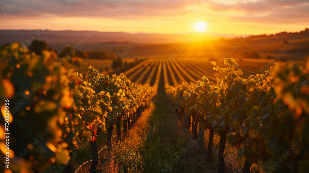 Vineyard at sunset with horizon visible