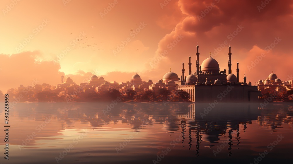 Islamic mosque background with a beautiful view of nature and clouds effect