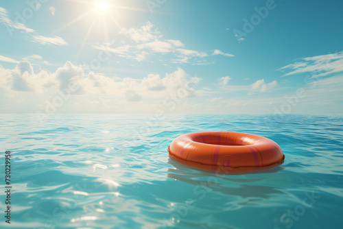 Lifebuoy on the water in the sea against the background of sunset, the concept of rescue