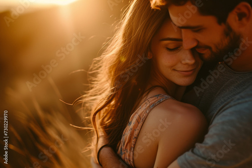 Tender portrait of a young couple hugging each other in loveable moment at sunset outdoors photo