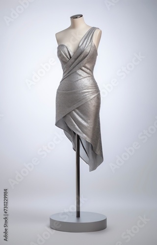 Silver evening short dress on a mannequin.