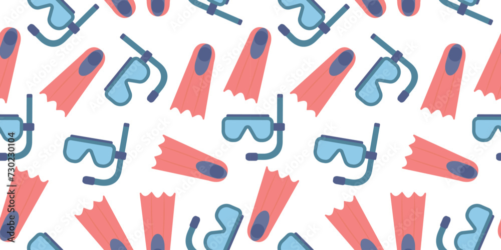 Seamless pattern mask and fins for swimming in a flat style, highlighted on a white background. Diving accessories. Vector illustration. Seamless pattern mask and fins for swimming in a flat style, highlighted on a white background. Diving accessories. Vector illustration.