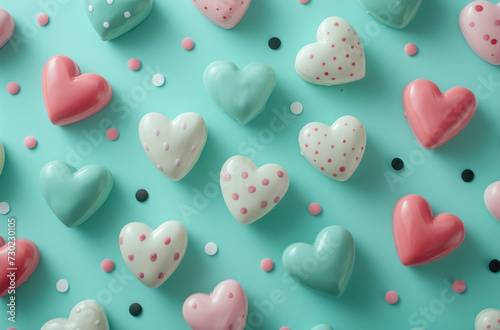 an arrangement of pink, blue, and white hearts on a turquoise background