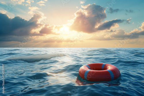 Lifebuoy on the water in the sea against the background of sunset, the concept of rescue