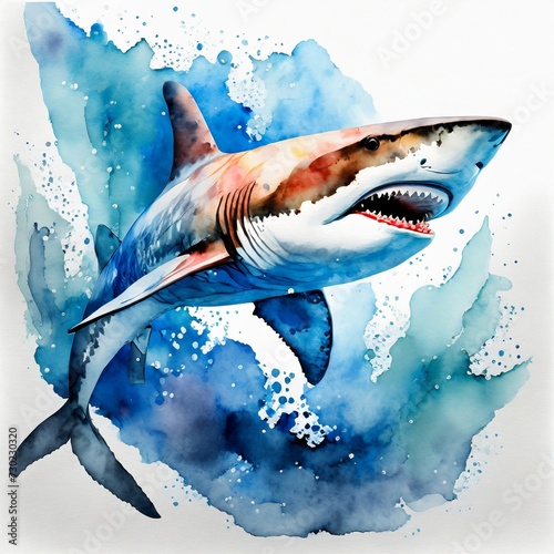 Watercolor painting of scary shark. Wild ocean animal. Abstract hand drawn illustration.