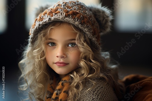 portrait of a beautiful little girl with curly hair in a warm hat