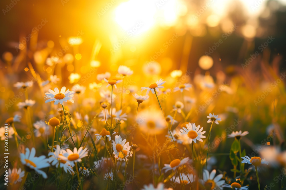 Closeup of flowers in lush meadow at sunset