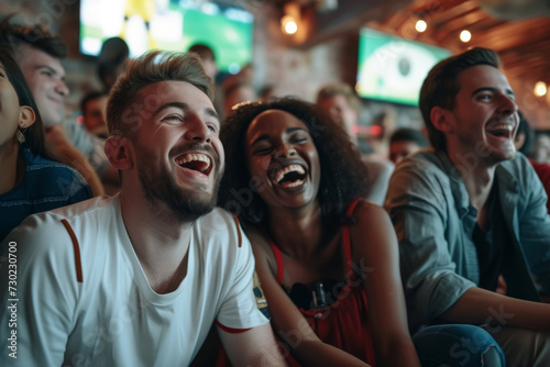 Sport fans cheering for their favourite sports team in a pub at public viewing